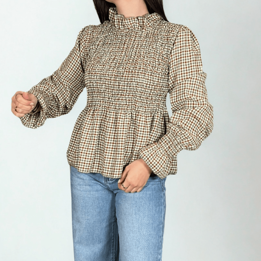 BLUSA MANGAS ABULLONADAS CUADRO - Maro Studio