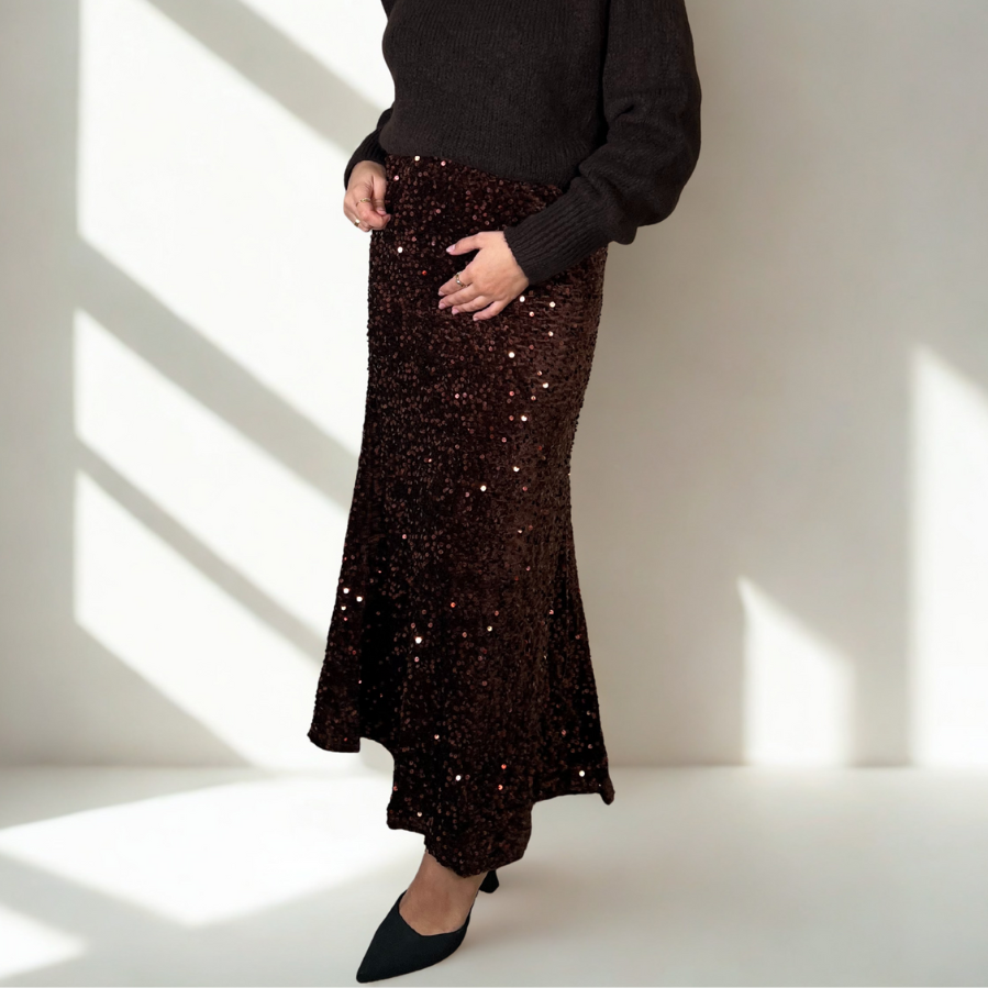 FALDA MIDI LENTEJUELAS EN COLOR MARRÓN