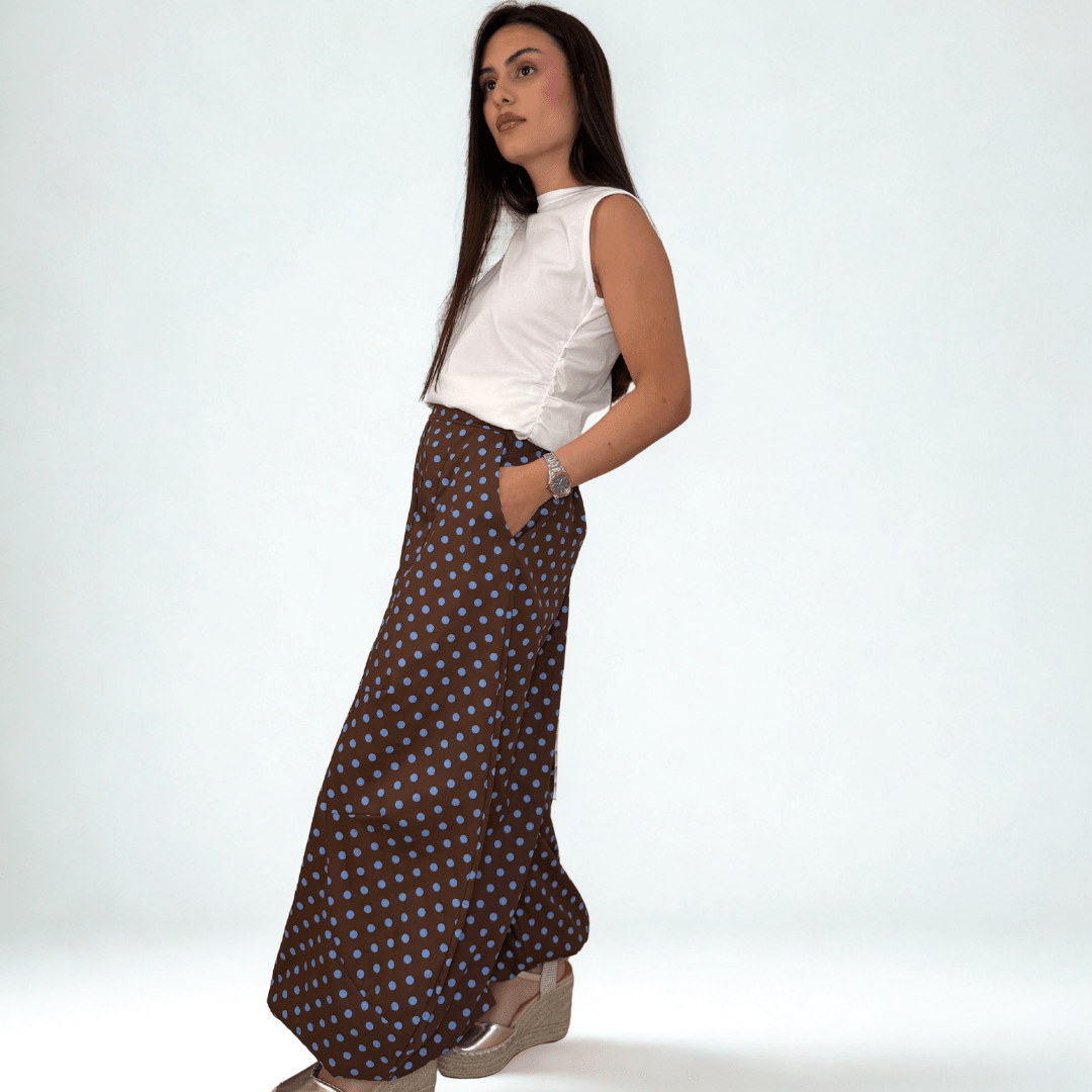 PANTALÓN BOMBACHO DE LUNARES CELESTE Y MARRÓN - Maro Studio
