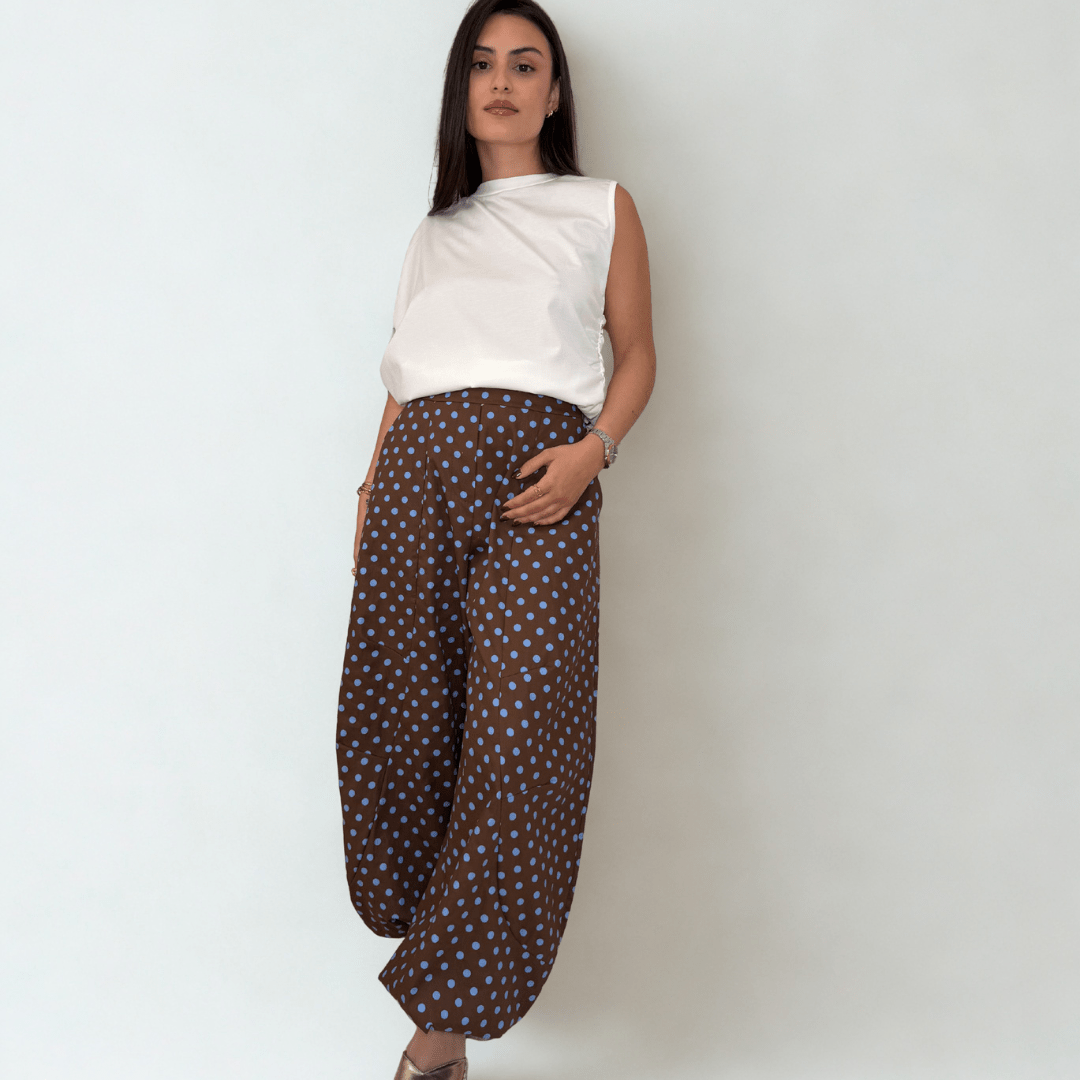 PANTALÓN BOMBACHO DE LUNARES CELESTE Y MARRÓN - Maro Studio
