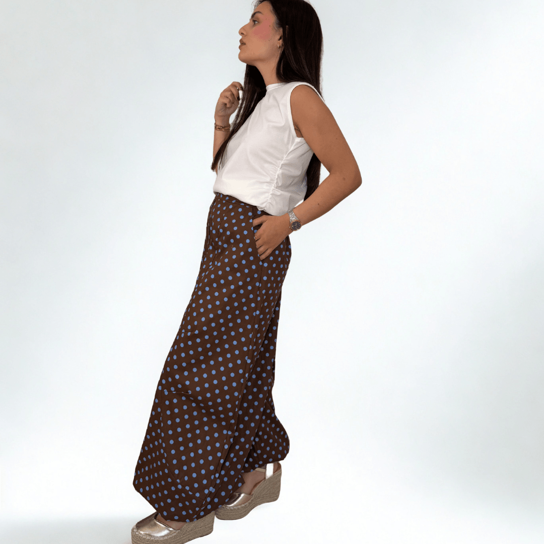 PANTALÓN BOMBACHO DE LUNARES CELESTE Y MARRÓN - Maro Studio