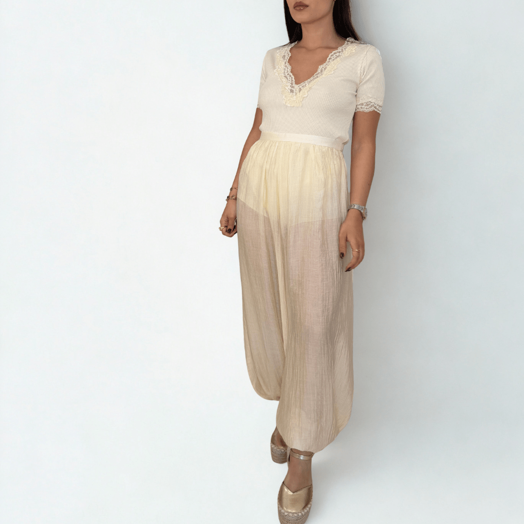 PANTALÓN BOMBACHO SEMITRANSPARENTE BEIGE - Maro Studio